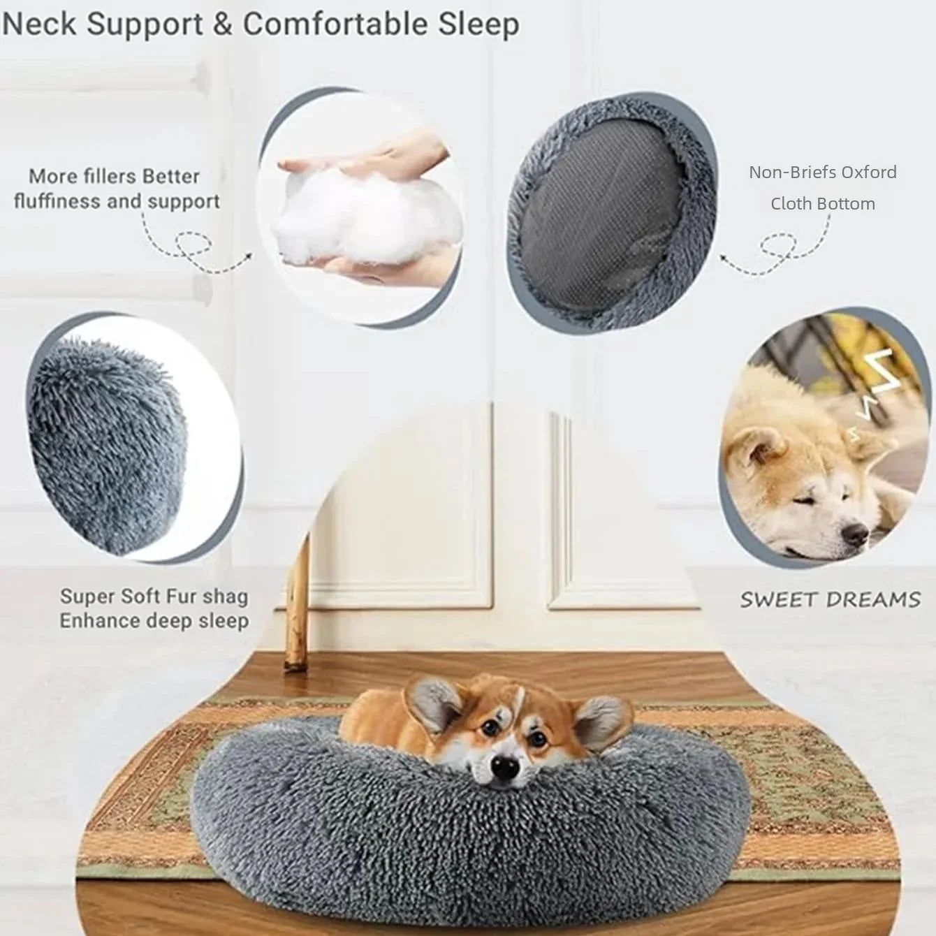 Round Plush Pet Bed for Dogs & Cats — 6 Sizes Available